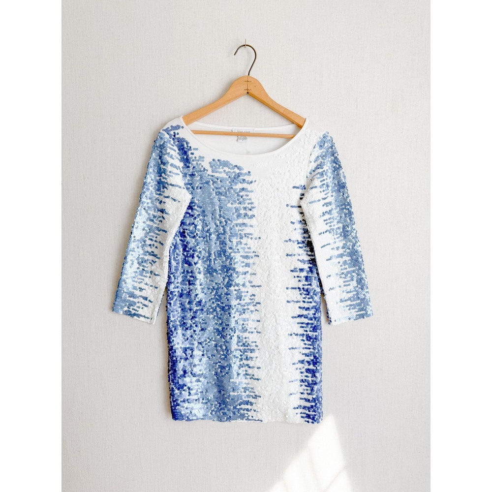 Joan Vass Womens Blue White Sequin Ombre Cotton Tunic Top Size 0 Small NEW